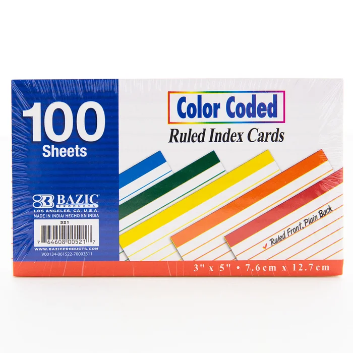 Ruled Color Coded Index Cards (3″ x 5″) 100 count
