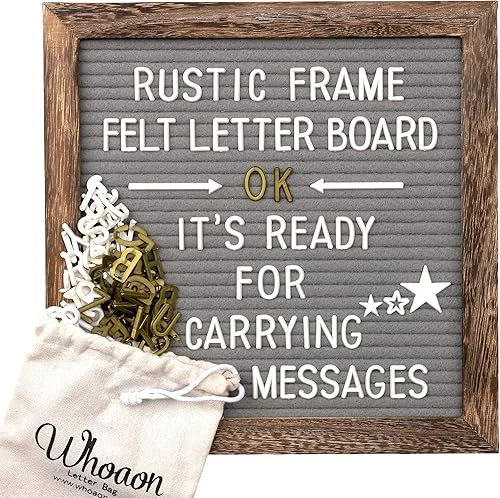 Rustic Wood Frame Gray Felt Letter Board 10×10 inches. Precut White & Gold Letters, Script Cursive Words, Letter Bags, Trimming Scissors, Rustic Wood Stand. Grey Felt Message Board. by whoaon