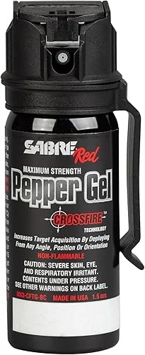 SABRE Crossfire Pepper Gel, Deploys At Any Angle, Maximizes Target Acquisition Against Multiple Threats, Belt Clip For Easy Carry, Fast Flip Top, Max Police Strength OC, Pepper Spray Option 1.5 fl oz