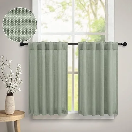 Sage Cafe Curtains 30 Inch Length for Kitchen Window Curtains Over Sink 2 Panels Back Tab Pocket Light Green Short Tier Semi Sheer Linen Small Curtains for Bathroom Living Room Wide 30 by 30 In Long
