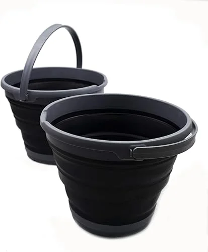 SAMMART 10L (2.6 Gallon) Collapsible Plastic Bucket – Foldable Round Tub – Portable Fishing Water Pail – Space Saving Outdoor Waterpot, Size 33cm Dia (Grey/Black (Set of 2))