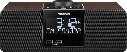 Sangean RCR-40 Wooden Clock Radio with AM/FM, Bluetooth, AUX, Digital Tuning and Battery Back-Up