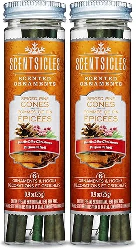 Scentsicles Spiced Pine Cones Scented Christmas Ornaments with Hooks – 2 Bottles (12 Sticks Total)
