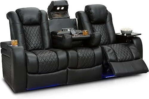 Seatcraft Anthem Home Theater Seating – Living Room – Italian Leather – Power Recline Sofa – Fold-Down Table – Powered Headrests – Arm Storage – AC/USB and Wireless Charging – Black