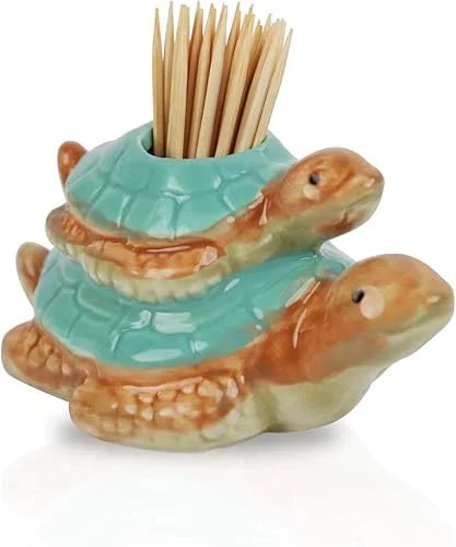 Servette Home Animal Themed Ceramic Toothpick Holders, Alligator, Bear, Frog and Turtle Designs (Turtles)