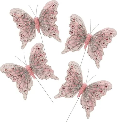 Set of 12 Glitter Monarch Feather Butterflies on Wire for Floral Arrangements and DIY Decorations (Light Pink)
