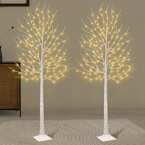 Set of 2 6 feet Lighted Birch Tree, 160 LED Warm White, for Home, Festival, Party, and Christmas Decoration, Indoor and Outdoor Use, 8 Functions
