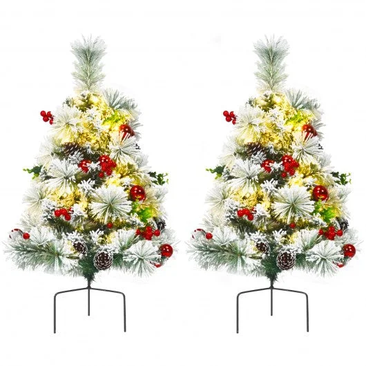 Set of 2 Outdoor 24in Battery Powered Pre-lit Pathway Flocked Christmas Trees