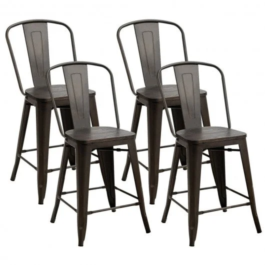 Set of 4 Rustic Metal Wood Bar Chairs with Seat-Gun