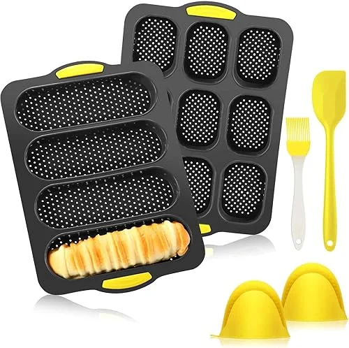 Set of 5 Silicone Baguette Pan with Brush Spatula Gloves 9 and 4 Wave Perforated Bread Baking Tray Mold Nonstick French Baguette Pans for Oven Bake Mould Toaster Pan for Loaf Hot Dog, Black