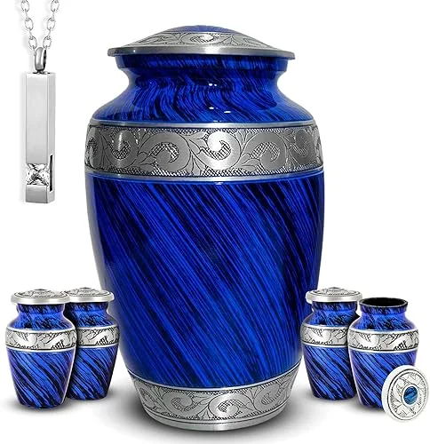 Set of 6 Funeral & Cremation Urn for Ashes Adult Male & Female with 1 Large Eternal Blue Decorative Urn for Human Ashes Adult Man- 4 Keepsake Urns & 1 NecklaceUrn