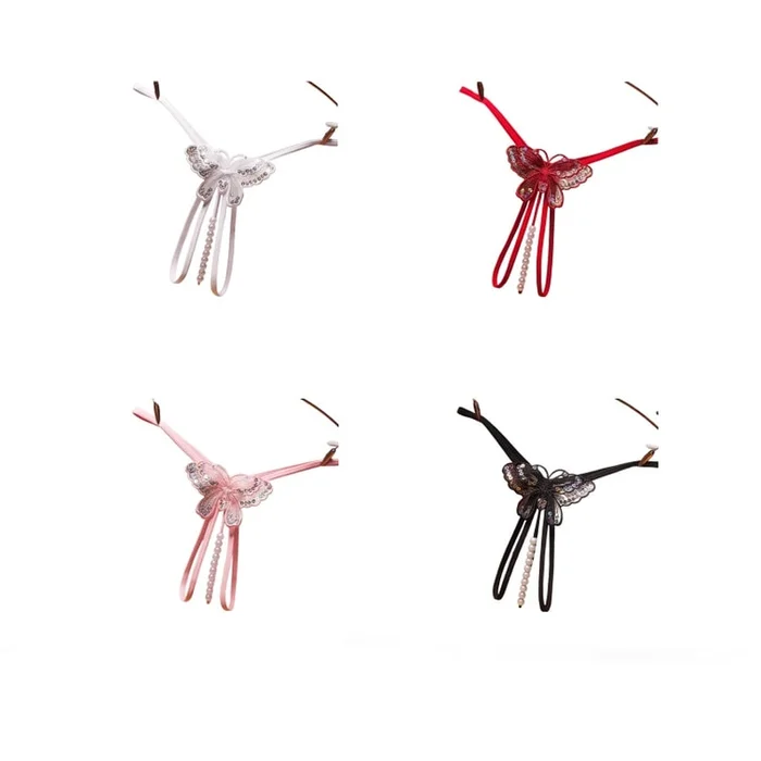 Sexy Pearl Underwear Embroidered Open Cut Low Waisted Thong One Size (White+Red+Pink+Black) Each 1 Pc