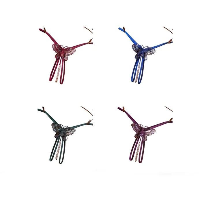 Sexy Pearl Underwear Embroidered Open Cut Low Waisted Thong One Size (Wine Red+Blue+Blackish Green+Purple) Each 1 Pc