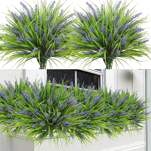 Sggvecsy 12 Bundles Artificial Plants Outdoor Faux Lavender Flowers Fake Monkey Grass UV Resistant Plastic Greenery Plants for Garden Home Porch Window Patio Hanging Planter Indoor Decor (Purple)