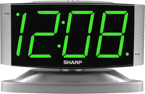 Sharp Home LED Digital Alarm Clock – Swivel Base – Outlet Powered, Simple Operation, Alarm, Snooze, Brightness Dimmer, Big Green Digit Display, Silver Case