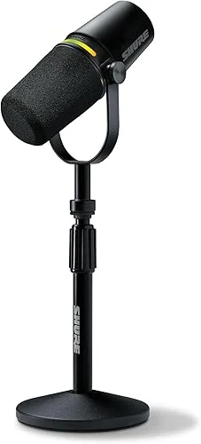Shure MV7+ Podcast Dynamic Microphone with Stand. OBS Certified, Enhanced Audio, LED Touch Panel, USB-C & XLR Outputs, Auto Level Mode, Digital Pop Filter, Podcasting, Streaming, Recording – Black