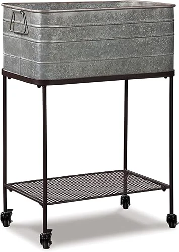 Signature Design by Ashley Vossman Galvanized Metal Beverage Tub with Caster Wheel Stand, Antique Gray