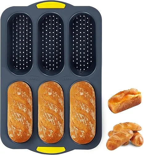 Silicone Baguette Bread Pan Non-stick & Heat-resistance Silicone Bread Loaf Pan Porous Hot Dog Bun Pans 6 Compartment Delicious French Bread Baking Pan with Comfort Grip for Kitchen Baking
