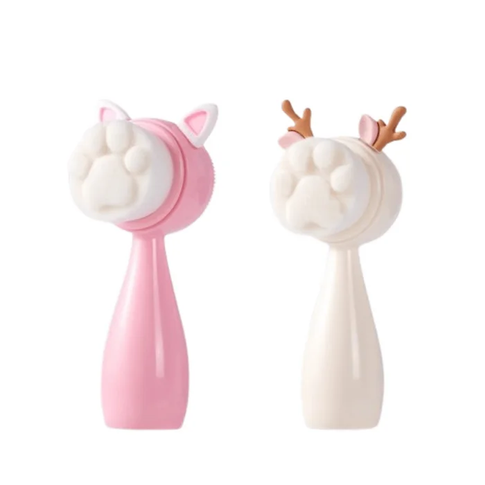 Silicone double-sided face cleansing brush with soft bristles pink cat ears + white deer antlers 2 pieces