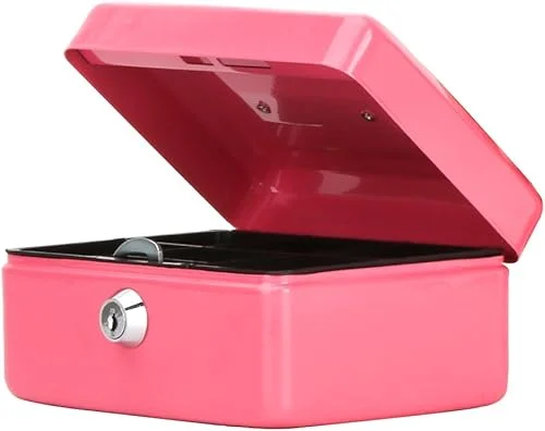 Small Cash Box with Key Lock, Decaller Portable Metal Money Box with Double Layer & 2 Keys for Security, Pink, 6 1/5′ x 5′ x 3′, QH1506XS