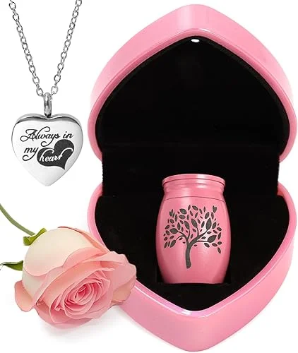 Small Urns for Human Ashes Keepsake – Mini Urns for Baby Girl Pink Tiny Urn Comes with Heart Box w/Light (Battery Replaceable) – Little Miniature Urns for Human Ashes