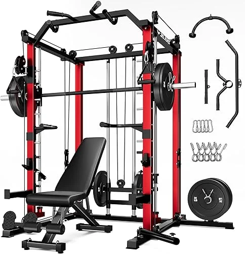 Smith Machine, 2000LBS M11 Multi-Function Squat Rack Power Cage with Cable Crossover System and Smith Bar, All-in-One LAT Pull-Down Machine for Home Gym