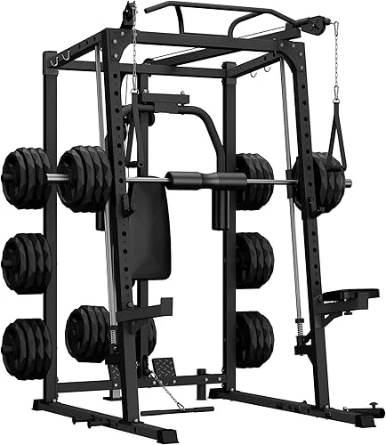 Smith Machine, 2000LBS Power Rack with Smith Bar, Cable Crossover Machine and Chest Station Machine for Home Gym, Multifunctional Home Gym System with LAT Pulldown System and More Attachment