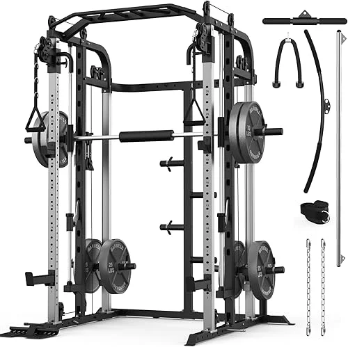 Smith Machine with 140 Lbs Cast Iron Weight Plates Home Gym, Squat Rack with LAT Pull Down System, Power Cage with Smith Bar, Black