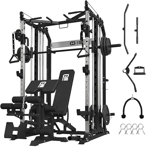 SmithMachine Power Cage, All-in-One Home Gym Squat Rack with Barbell, LAT-Pull Down & Cable Crossover System, Multi-Function Cage Training Equipment with Leg Hold-Down Attachment for Home Gym