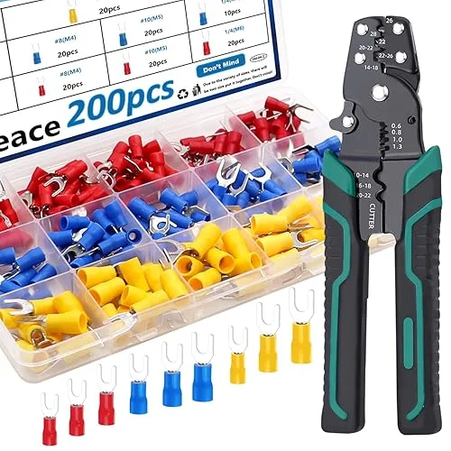 smseace 201pcs Crimping Tool with 12-Sizes(M3/M4/M5/M6) Fork Spade Connectors 22-10AWG Wire Fork Connectors U-Type Fork Cnnectors Terminal Crimp/Stripping/Cutting Multifunction Wire Crimping Tool