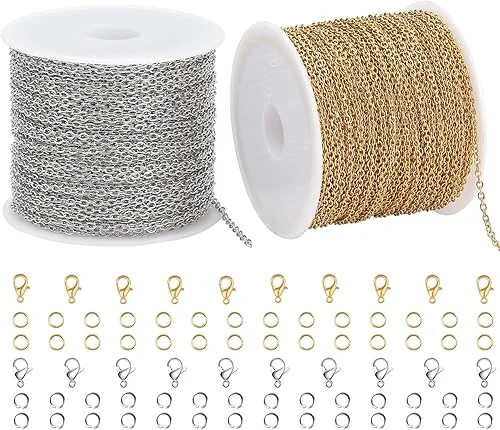 SMYHTGLIF 2 Rolls Total 65.6 Feet Oval Cable Chain for Jewelry Making Gold & Silver Stainless Steel Jewelry Making Chains DIY Craft Jewelry Findings