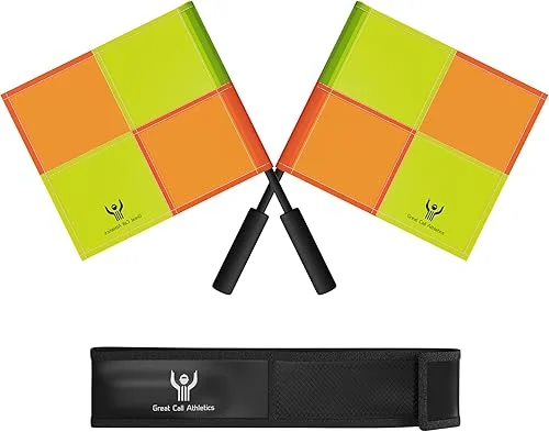 | Soccer Referee Flag Pro Set With Case | Water Proof Assistant Linesman Yellow Orange Checker Style