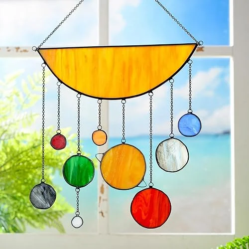 Solar System Stained Glass Suncatcher Window Hanging 11.81 Planets Stained Glass Panels with Chain Galaxy Sun Catchers Indoor Window Wall Art for Home Garden Decor