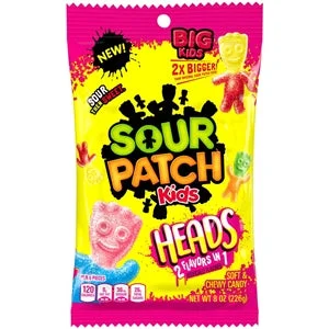 Sour Patch Kids Heads Soft Candy Peg Bag-8 oz.-12/Case