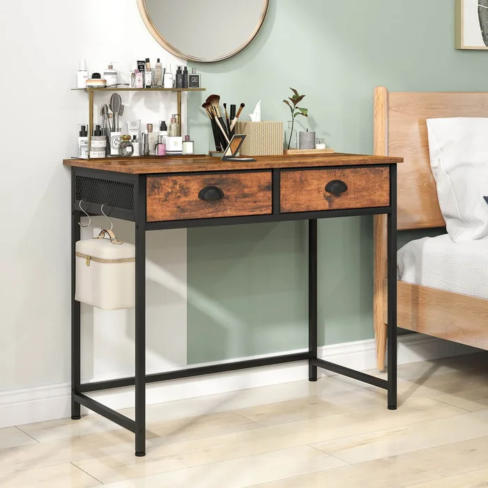 Space Saving Computer Desk with Drawers and Hanging Hooks