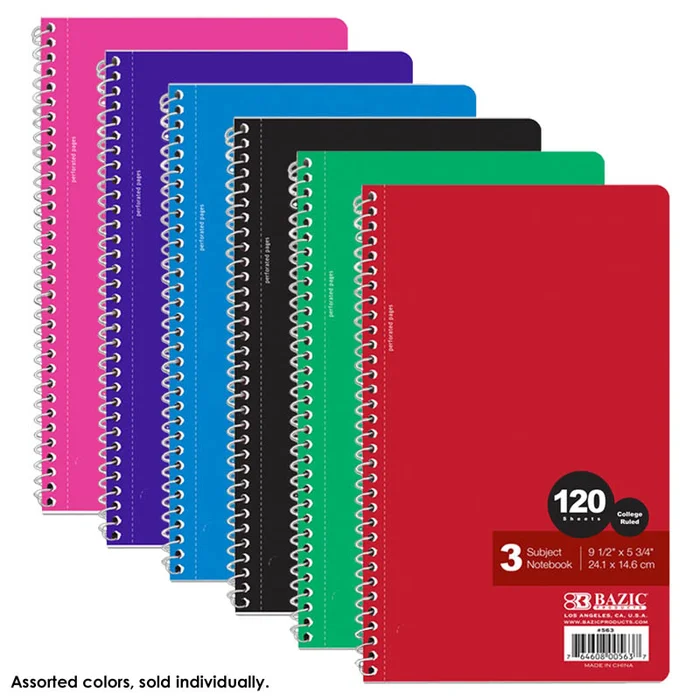 Spiral-Bound College Ruled 3-Subject Notebook (9.5″ x 5.75″) 120 Sheets