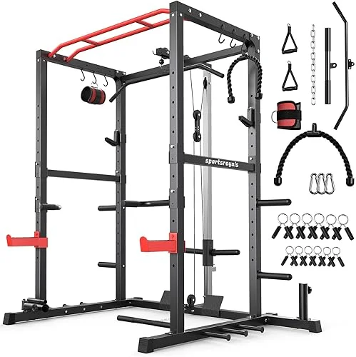 Sportsroyals Power Rack, Multi-Functional Power Cage with LAT Pulldown Pulley System, Squat Rack with More Training Attachments for Home Gym (Red)，1200 lbs Weight Capacity