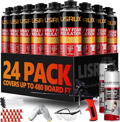 Spray Foam Insulation Kit (480 Board Feet Coverage) -Closed Cell Self Expanding Polyurethane Foam, Heat and Acoustic Insulation Spray Foam, Gun & Cleaner Included, 24 Pack