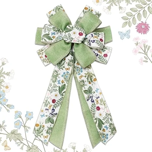 Spring Wreath Bow Green Wildflower Craft Bow Floral Bowknot Front Door Tree Topper Ornament for Indoor Outdoor Home Party Decor, 11 x 20.3 Inch