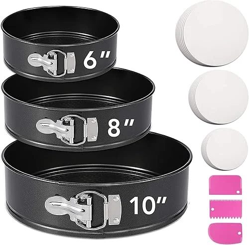 Springform Pan Set of 3, Nonstick 6 8 10 Inch Spring Form Cake Pan For Cheesecake, Cheesecake Pans with Removable Bottom, Leakproof Round Cake Pans Set with 60Pcs Parchment for Baking