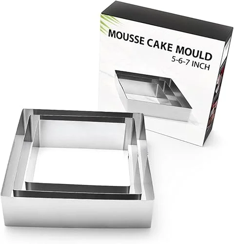 Square Cake Mold (3 Pieces/Set), Stainless Steel5 to 7 Inch Dessert Cake Ring,Mousse Molds withCake Baking Supplies, Gift Package (Square)