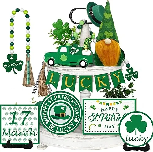 St. Patrick's Day Tiered Tray Decorations Set, Farmhouse Wooden Tiered Tray Decor for Holiday Rustic Home Kitchen Tier Tray Decor Set