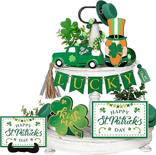 St Patricks Day Decor: Wooden Farmhouse Tiered Tray Decorations Set on the Table