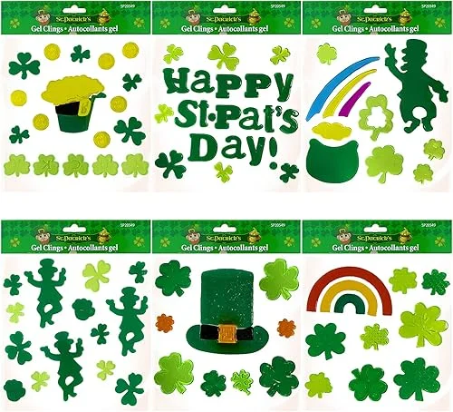 St Patricks Day Gel Window Clings Decorations Window Stickers St. Patrick's Day Window Gel Decor Includes Shamrocks, Beers, Hat and Happy St. Patrick's Day – Reusable and Easy to Remove – 6 Sheets