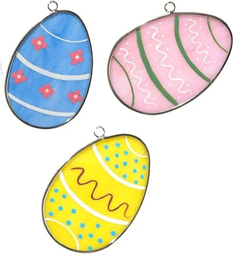 Stained Glass Easter Eggs with Painted Decorations – Set of 3