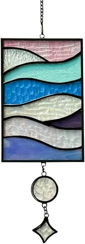 Stained Glass Window Hanging Handcrafted Suncatchers Gifts for Christmas for Windows Hanging Decor Beautiful Wave Design Stained Glass Panels to Catch The Warmth of Suns ReeGii