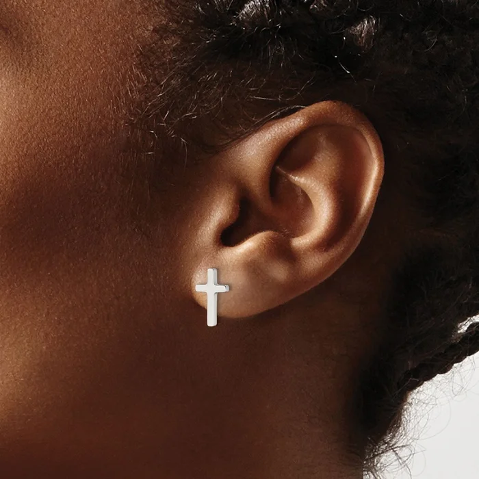 Stainless Steel Polished Cross Post Earrings