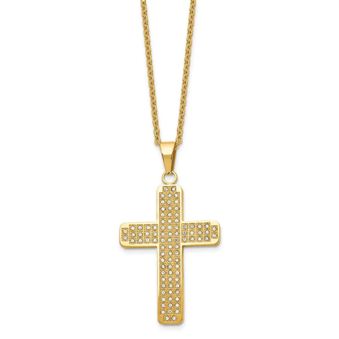 Stainless Steel Polished Yellow IP-Plated 22in Necklace with CZ Cross