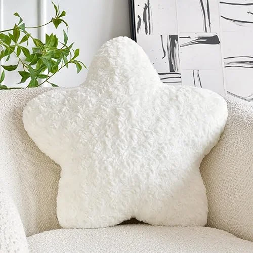 Star Pillow, 19.7′ Star Shaped Plush Pillow for Couch Bed Sofa, Cute Decorative Throw Pillows with Soft Faux Fur Room Decor for Bedroom Living Room (White)