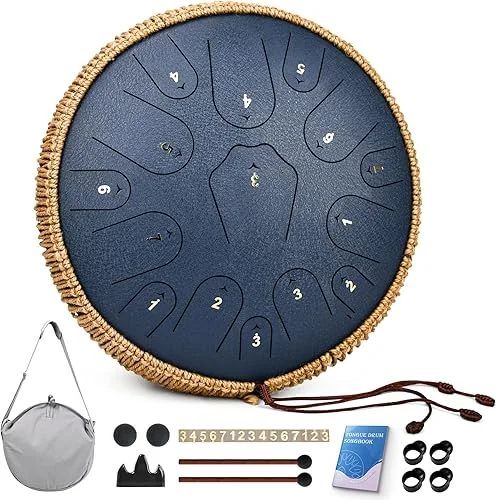 Steel Tongue Drum-QingShi 15 Notes 14 Inch Steel Drum Instrument for Adults, Steel Handpan Drums with Handpan Drum Mallet, Music Book and Carry Bag, C Major (Navy Blue)